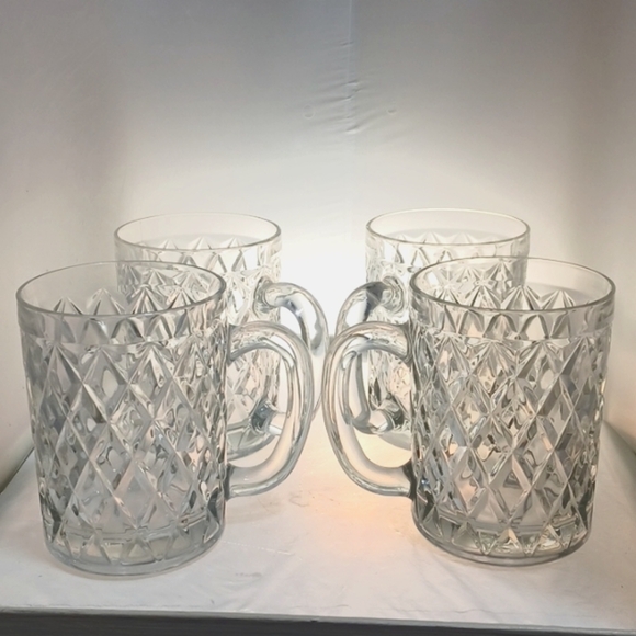 4 Cut glass coffee mugs by Paul Sebastion with handles  4.5 in. tall beautiful - Picture 1 of 3